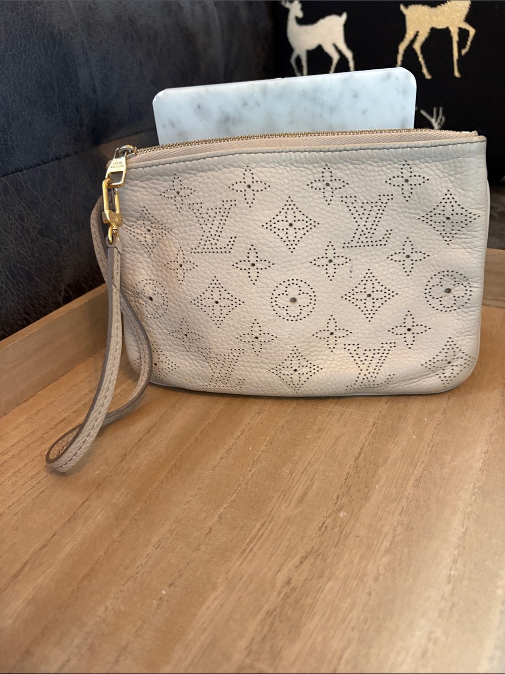 Louis Vuitton Beige Mahina Perforated Monogram Wristlet Clutch